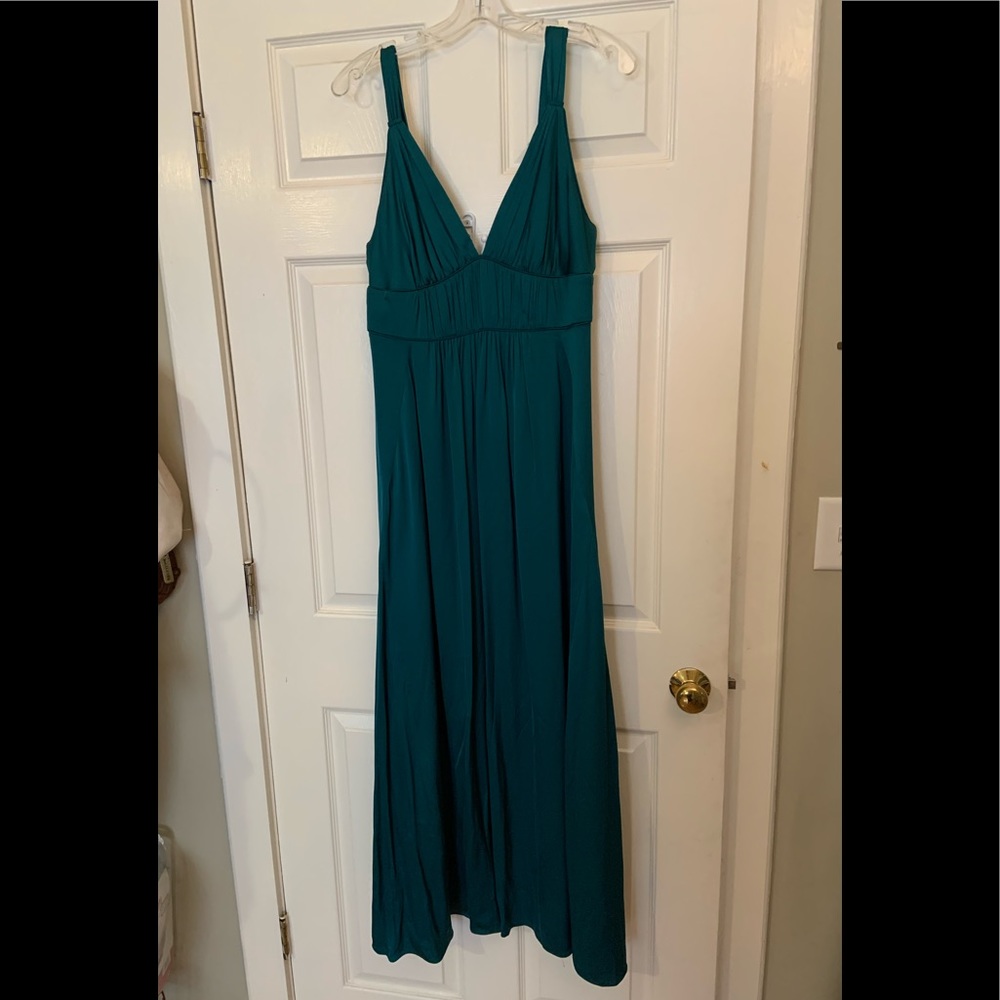 Full length emerald satin gown